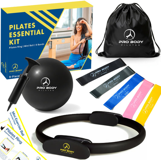ProBody Pilates Ring Set with 14-Inch Magic Circle Ring, 9-Inch Exercise Ball, 5 Resistance Bands, Pump, Training Guides, & Storage Bag