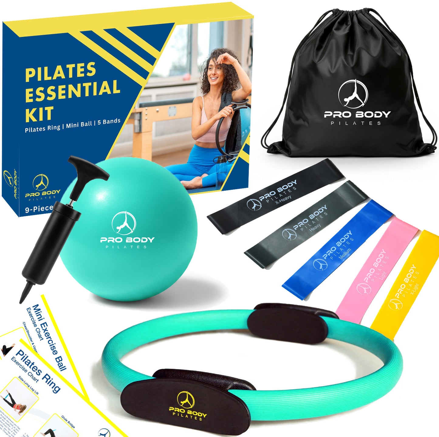 ProBody Pilates Ring Set with 14-Inch Magic Circle Ring, 9-Inch Exercise Ball, 5 Resistance Bands, Pump, Training Guides, & Storage Bag