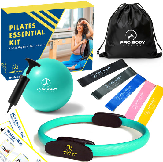 ProBody Pilates Ring Set with 14-Inch Magic Circle Ring, 9-Inch Exercise Ball, 5 Resistance Bands, Pump, Training Guides, & Storage Bag