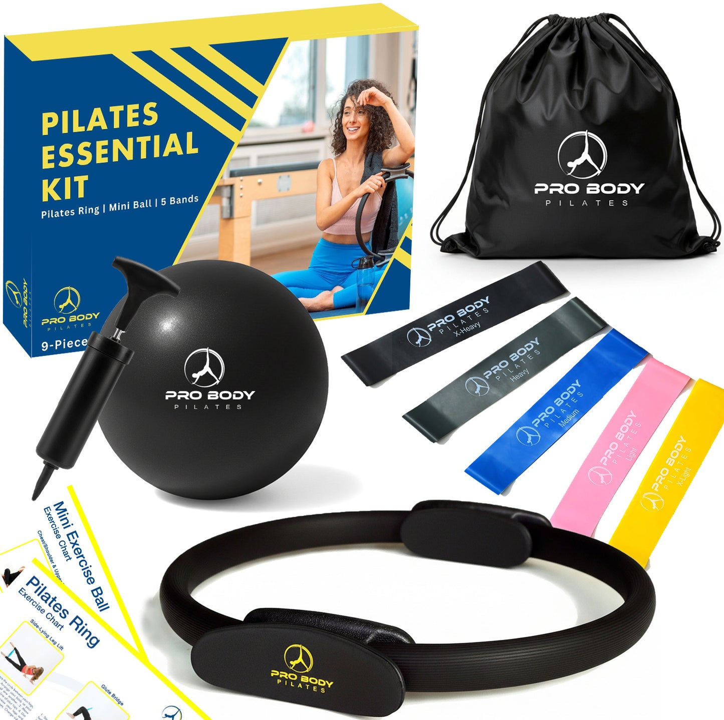 ProBody Pilates Ring Set with 14-Inch Magic Circle Ring, 9-Inch Exercise Ball, 5 Resistance Bands, Pump, Training Guides, & Storage Bag